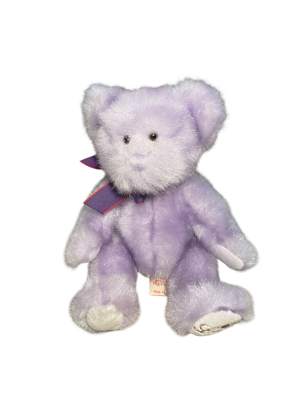 Vintage lavender Russ Berrie Aphrodite teddy bear plush "Love" on its paw